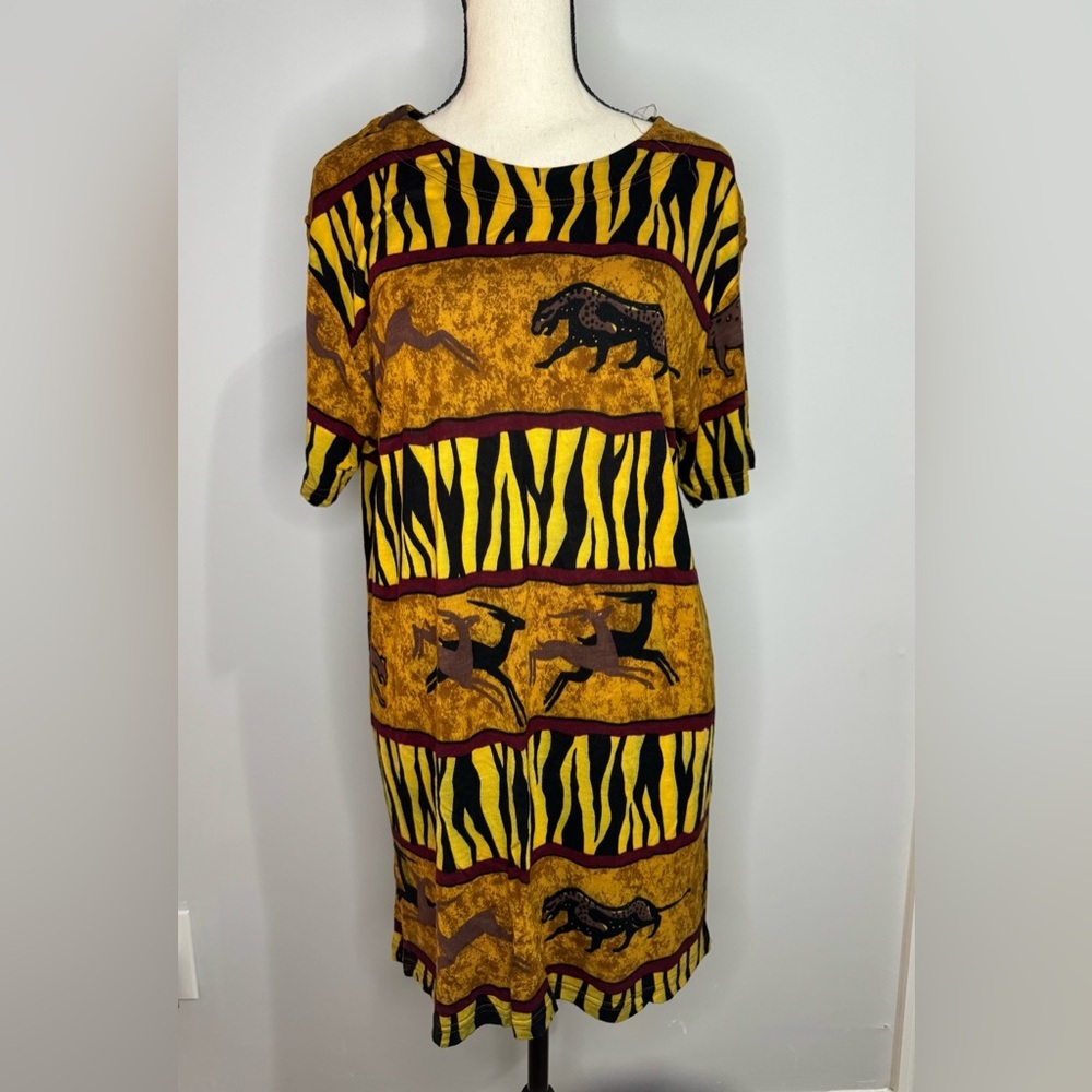 Vintage Fuego Animal Print Tunic Dress Robe Size L African Tribal Style.